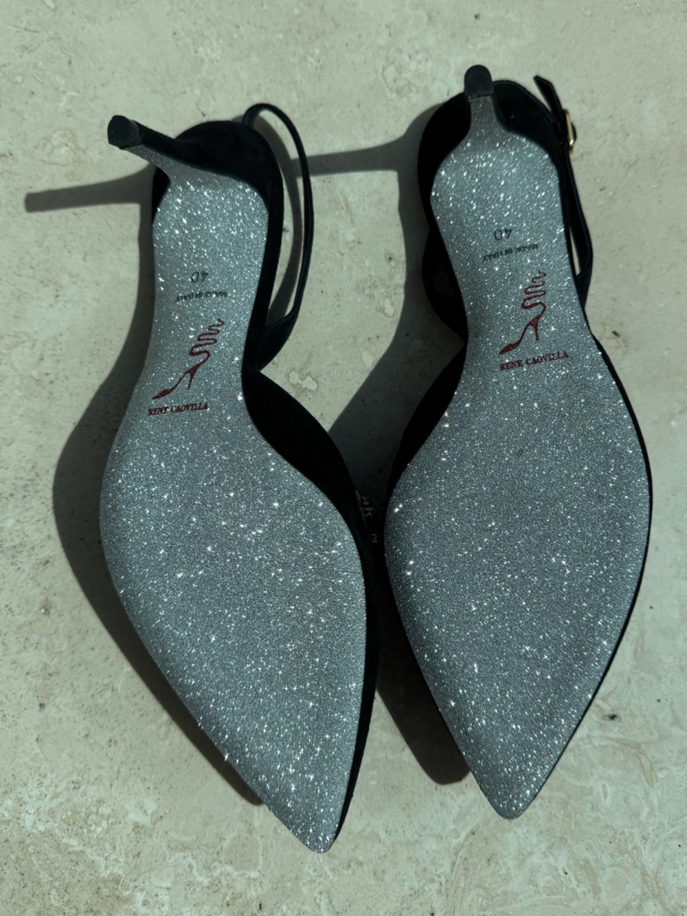 NEW Rene Caovilla Black Suede Pearl & Crystal Slingback Heels - Picture 3 of 6